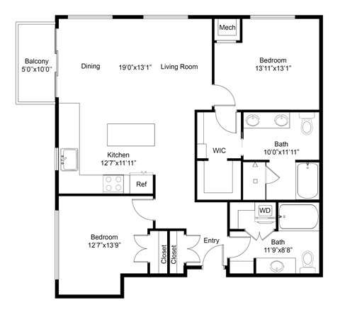 Floor plan for 2 beds, 2 baths, 1255 sqft